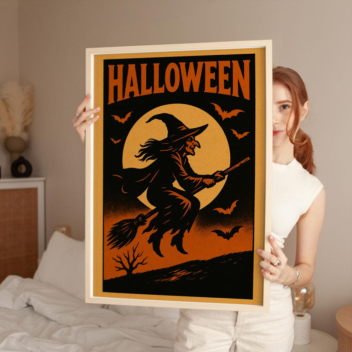 Flying Witch Broomstick Halloween Moon Bats Vintage Spooky Poster