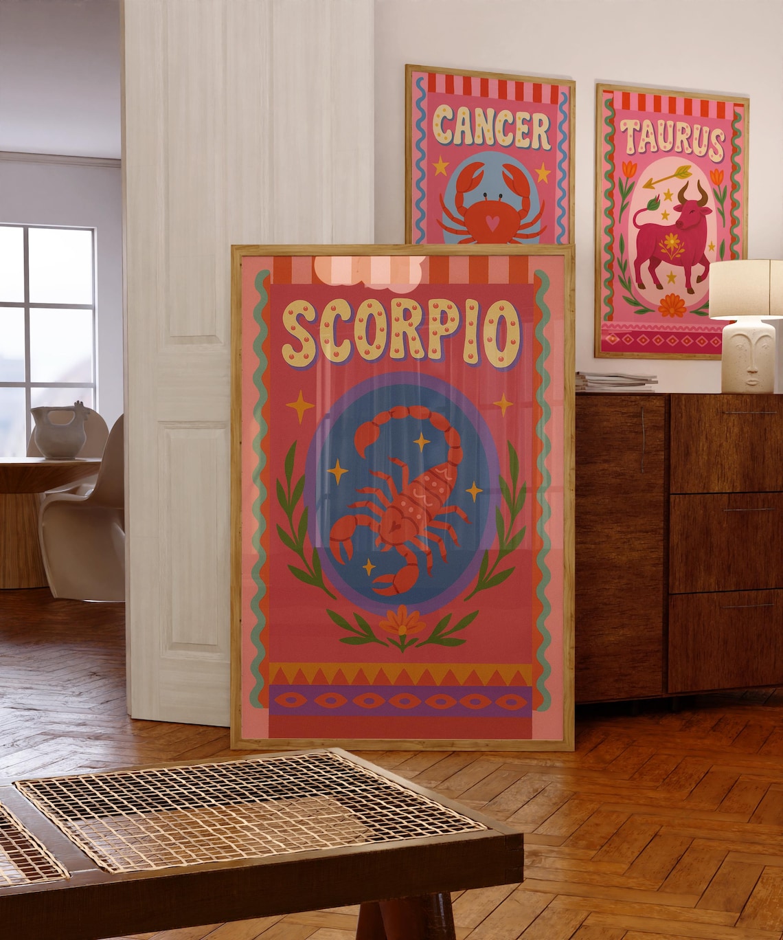 Scorpio Zodiac Sign Folk Art Celestial Stars Astrology Poster Gift