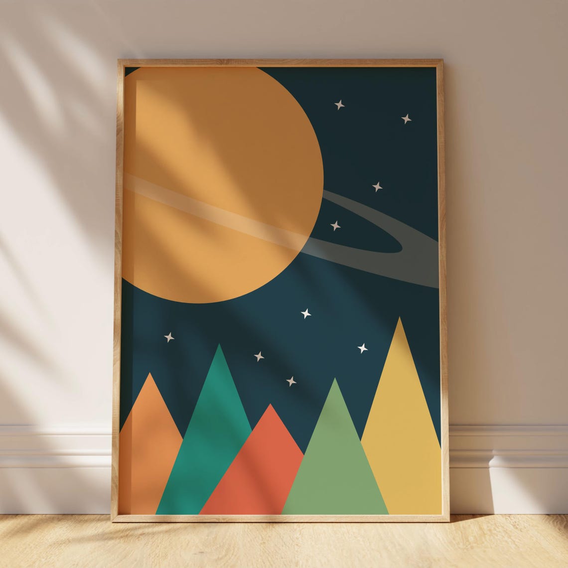 Space Mountains Starry Teal Night Sky Colorful Nursery Room Wall Art - Image 4