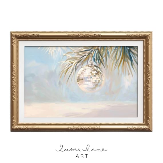 Disco Ball Christmas Ornament Hanging on Palm Tree Beach Holiday Wall Art