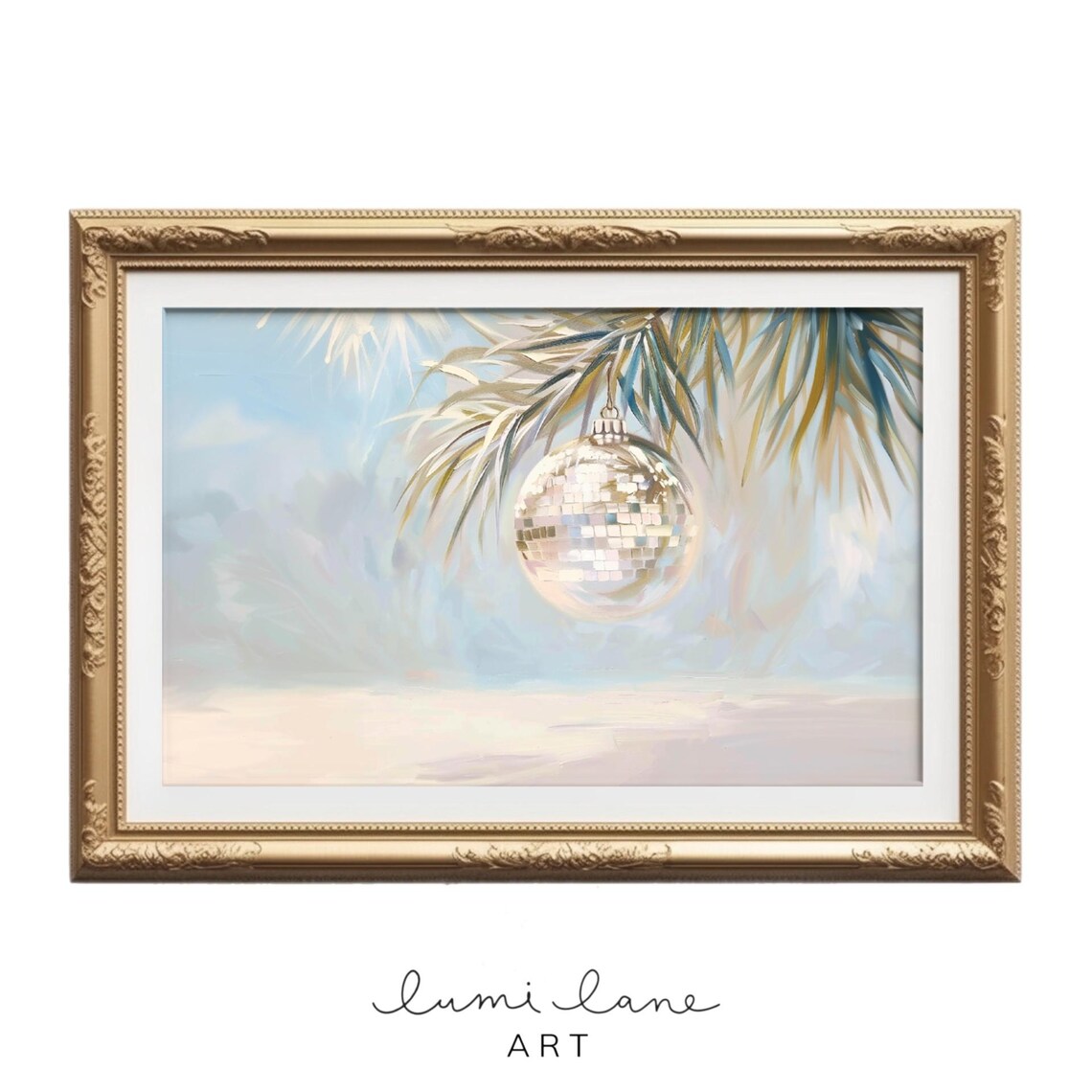 Disco Ball Christmas Ornament Hanging on Palm Tree Beach Holiday Wall Art