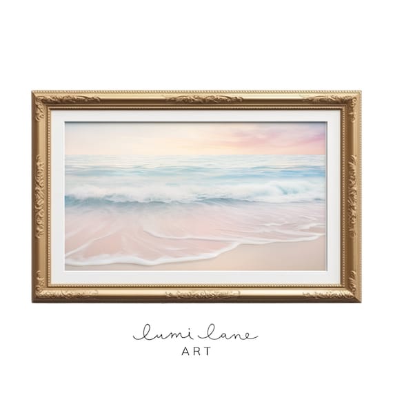 Pastel Beach Sunset Gentle Waves Pink Sky Serene Coastal Wall Art