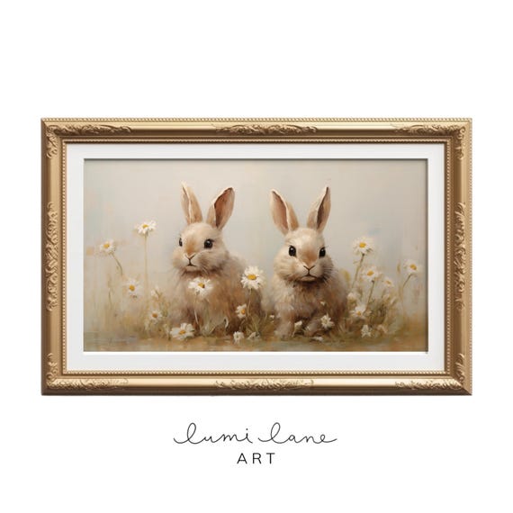 Bunnies And Daisies Art Textured Print Neutral Easter Cute Bunny Rabbits Frame Tv Spring
