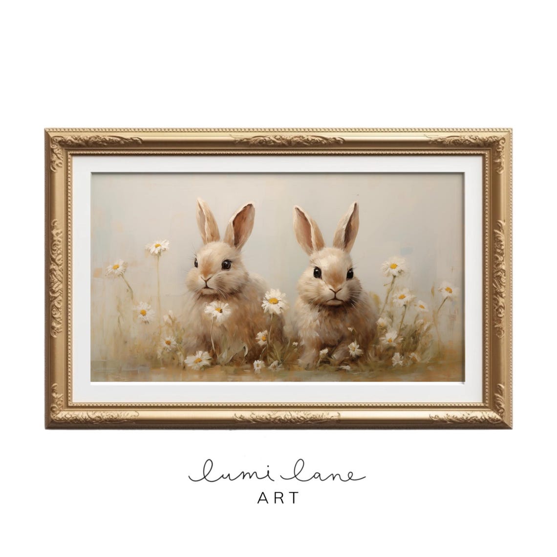 Bunnies And Daisies Soft Oil Painting Cute Easter Rabbit Art Poster