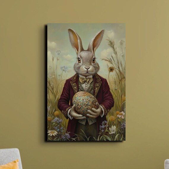 Victorian Rabbit In Burgundy Coat Holding Ornate Easter Egg Poster