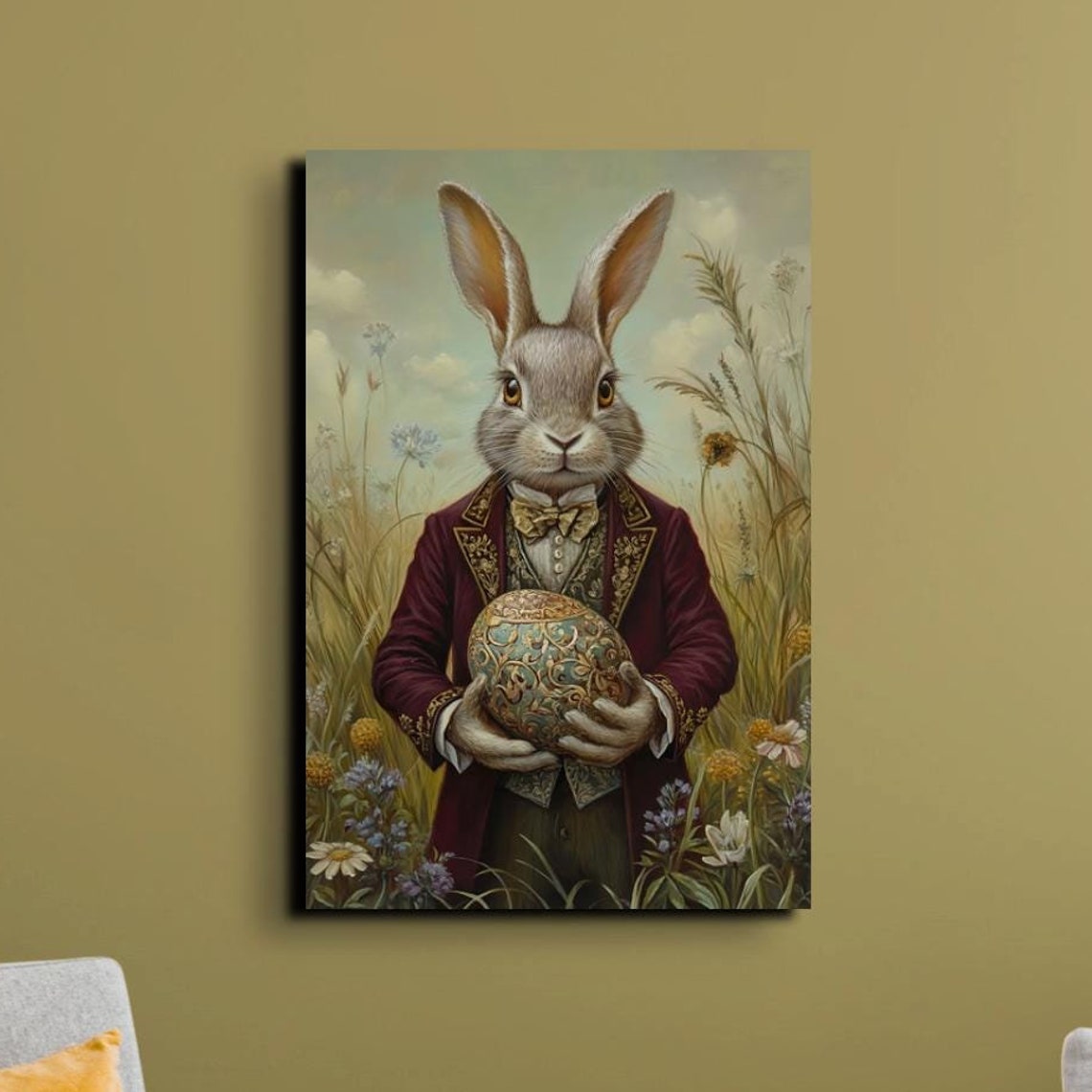 Victorian Rabbit In Burgundy Coat Holding Ornate Easter Egg Poster