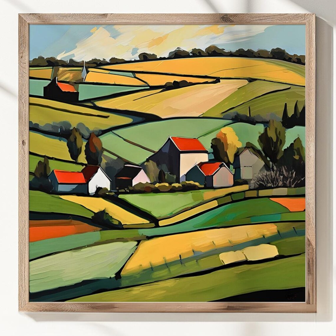 Summer Countryside Village Poster Rolling Green Fields Farm Landscape Art