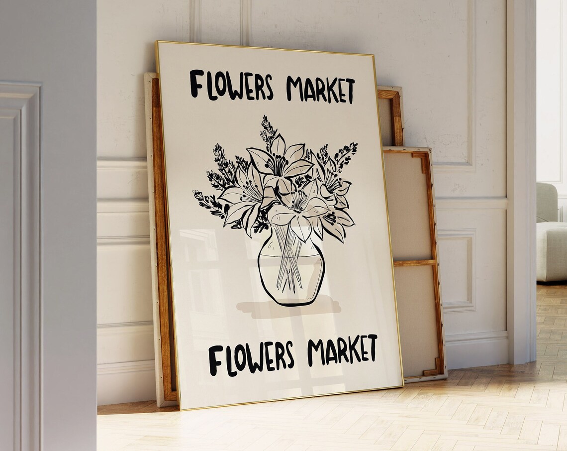 Flowers Market Lily Bouquet Black and White Sketch Style Poster