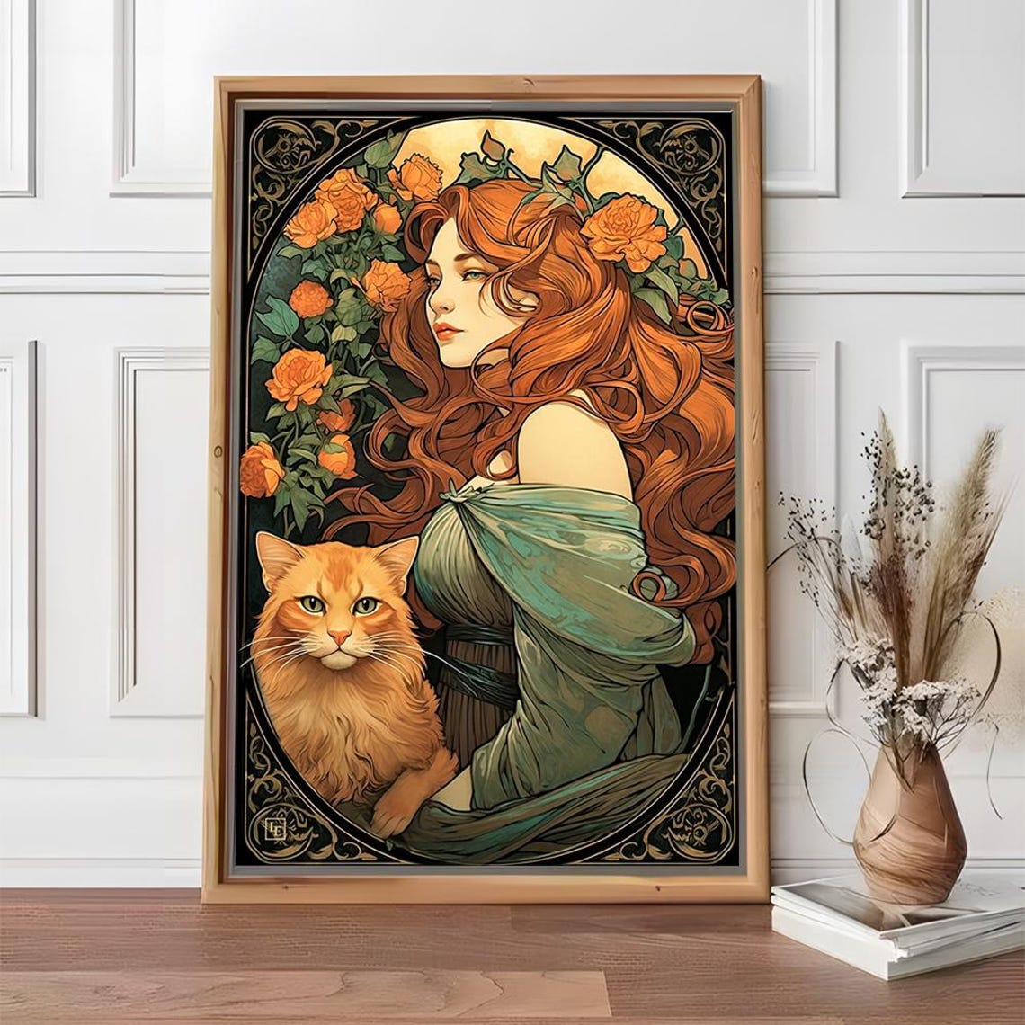 Art Nouveau Woman With Orange Cat Floral Rose Illustration Poster - Image 2