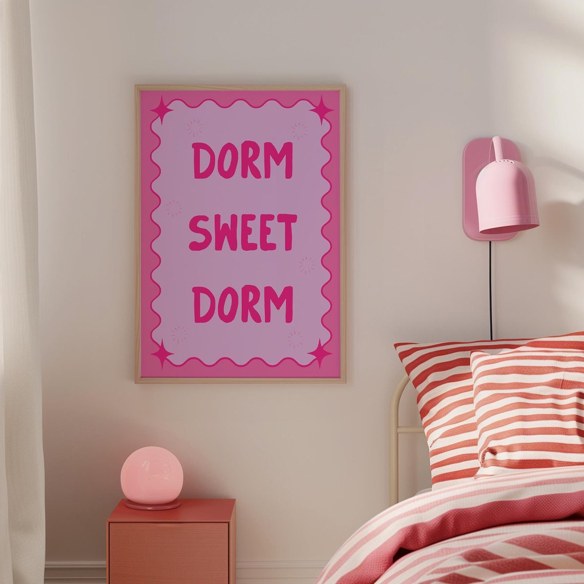 Dorm Sweet Dorm Pink Wavy Frame College Bedroom Decor Wall Poster