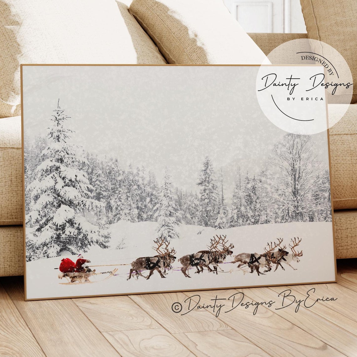 Santa Sleigh Reindeer Team Snowy Winter Forest Beautiful Poster