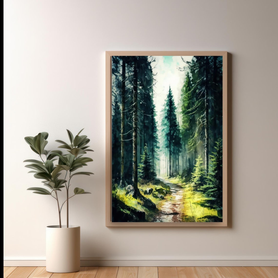 Sunlit Pine Forest Winding Path Watercolor Nature Art Poster