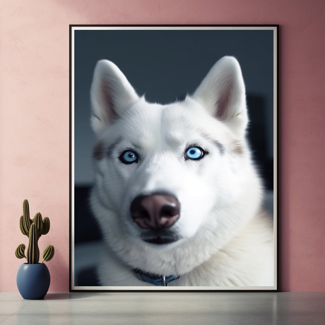 White Husky with Piercing Blue Eyes Close-Up Portrait Poster