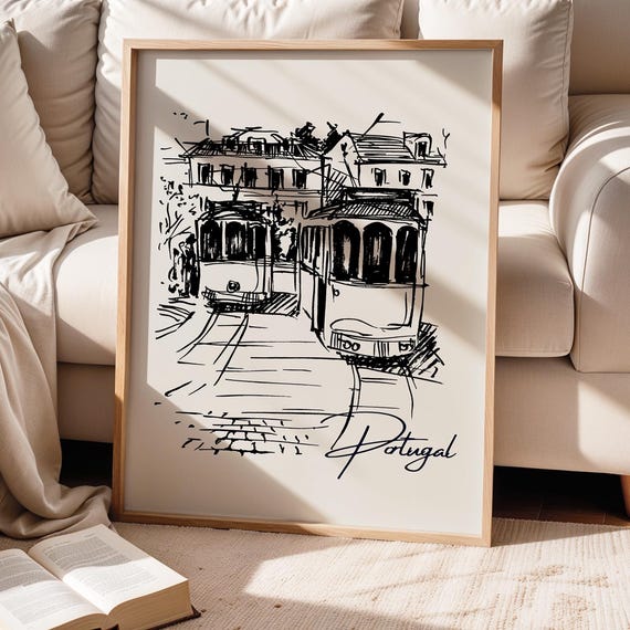 Lisbon Tram Black Ink Sketch Portugal Minimalist Travel Art Poster