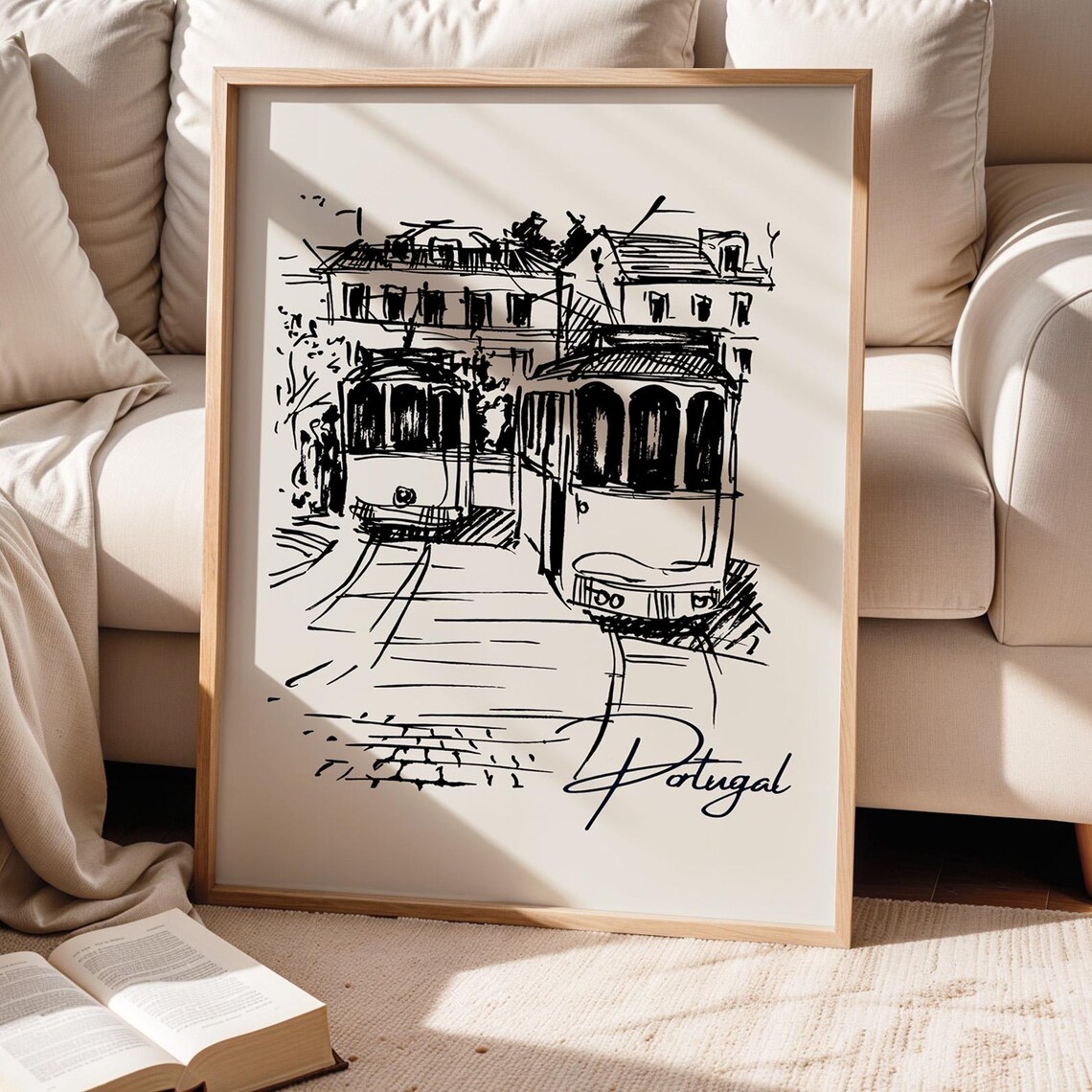 Lisbon Tram Black Ink Sketch Portugal Minimalist Travel Art Poster