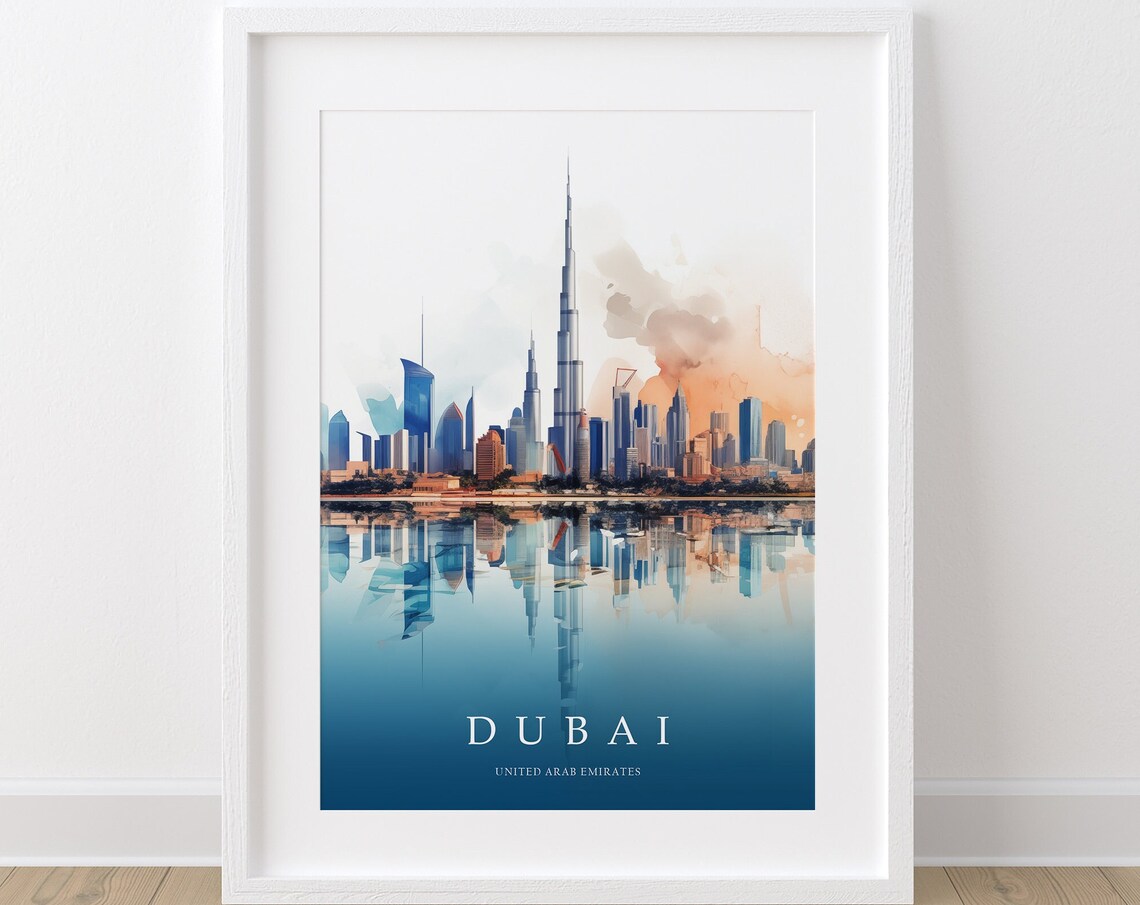 Dubai Skyline with Burj Khalifa Watercolor Sunset Travel Poster