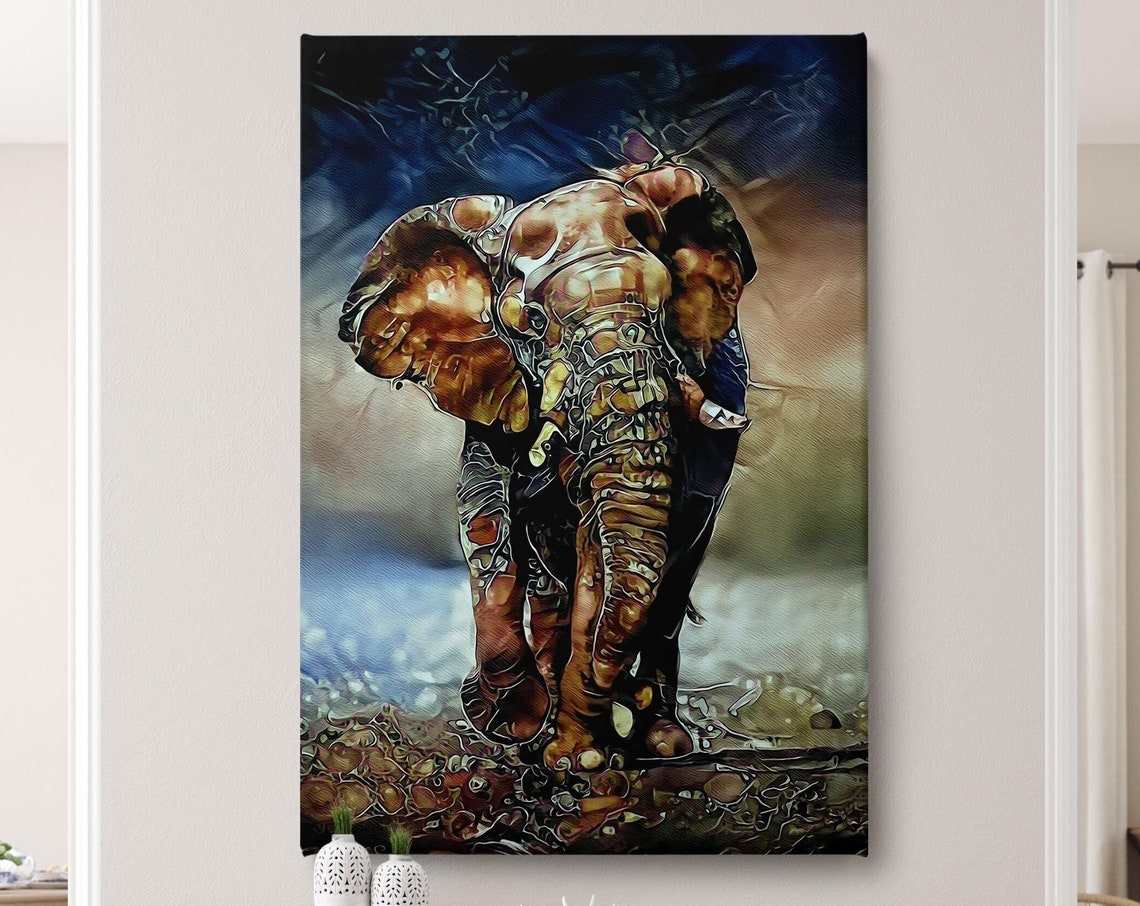 Golden Elephant Mosaic Blue Copper Tones Textured Wildlife Art Poster - Image 3