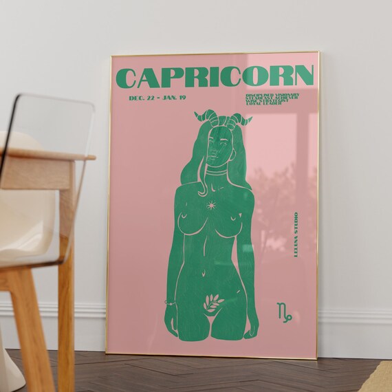 Capricorn Zodiac Goddess Poster Pink and Green Bold Astrology Sign Decor