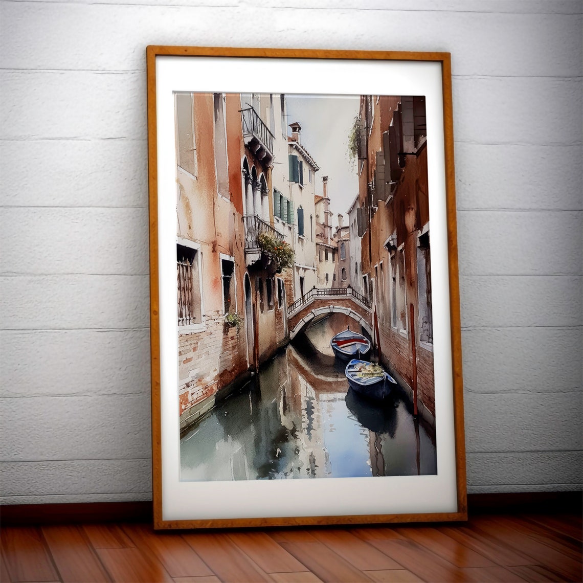 Venice Canal Watercolor Boats and Bridge Romantic Sketch Art Print