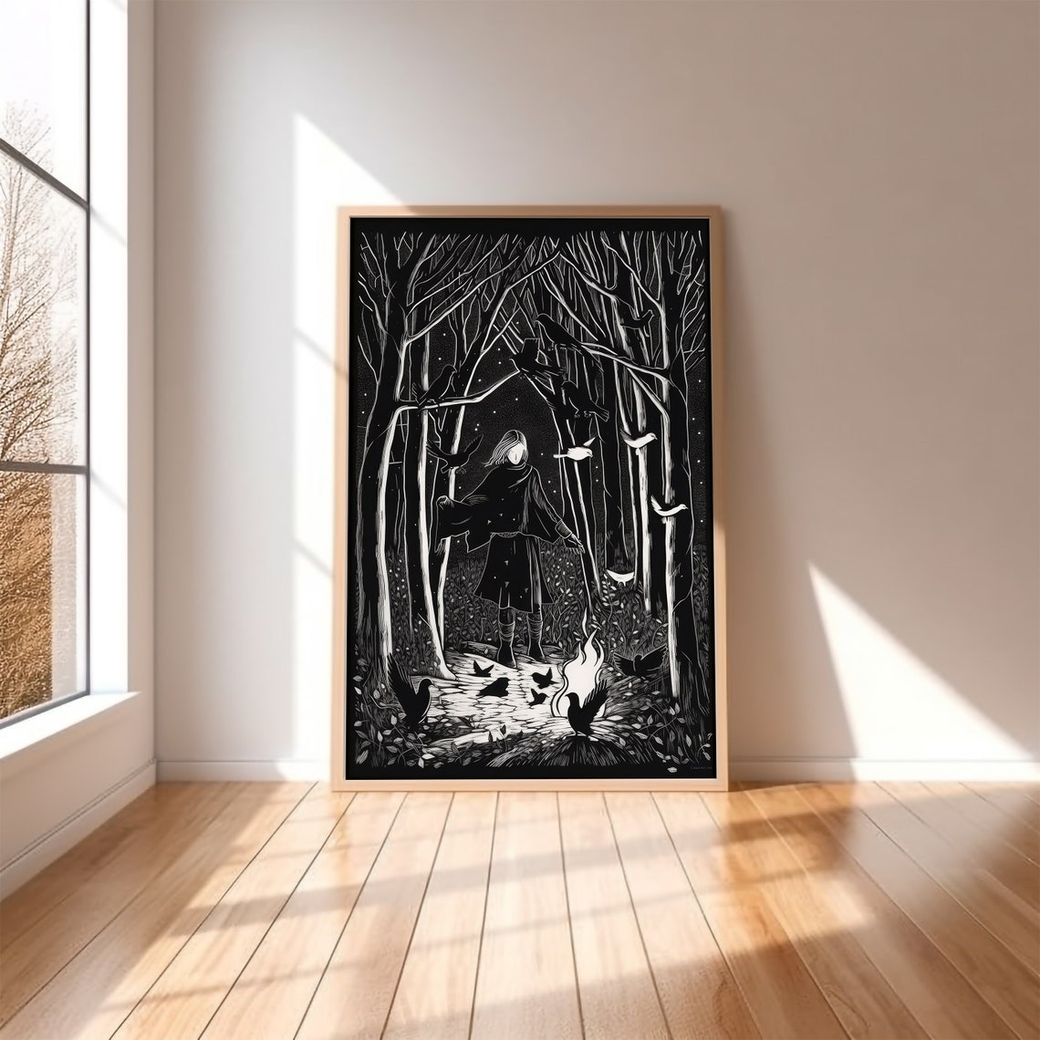 Woman with Ravens on a Starlit Forest Trail Dark Fantasy Poster - Image 2