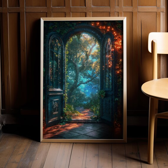 Enchanted Forest Seen Through Gothic Doors at Night Art Print