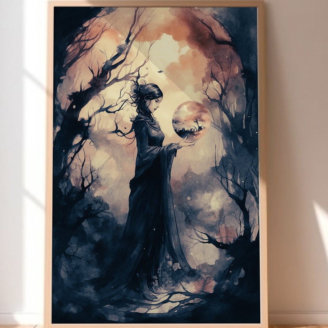 Moonlit Witch Holding a Glowing Magic Orb in a Misty Dark Forest at Night Poster - Image 3