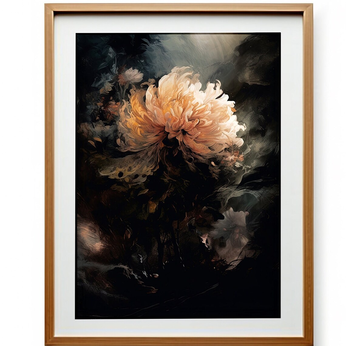 Elegant Moody Peony Bloom in Champagne Tones on a Black Backdrop Poster - Image 3