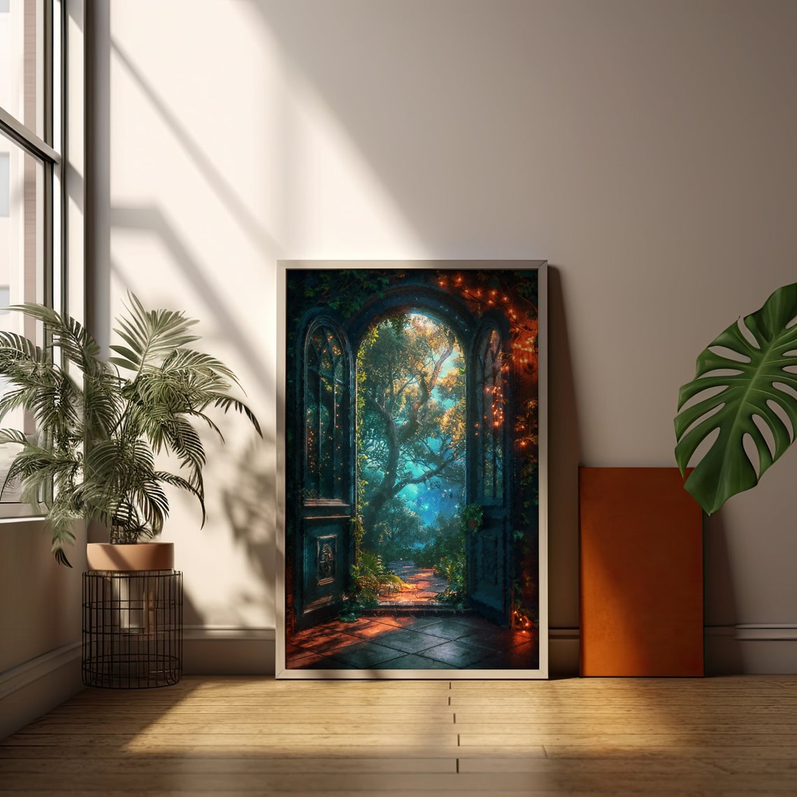 Enchanted Forest Seen Through Gothic Doors at Night Art Print - Image 2