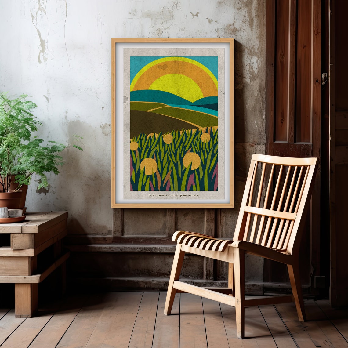 Retro Sunrise Over Green Meadow Vintage Geometric Landscape Art Poster - Image 2