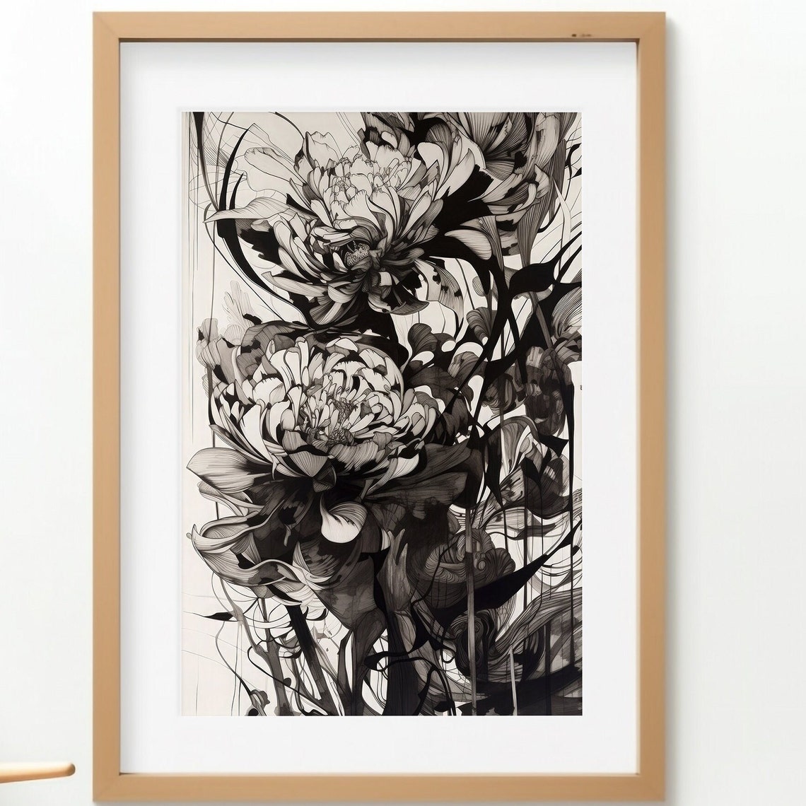 Neutral Monochrome Floral Ink Drawing Peony Botanical Wall Art - Image 3