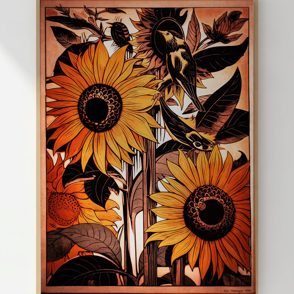 Sunflower Print Sunflower Art Linocut Sunflowers Abstract Yellow Yellow Abstract Sunflowers Poster Linocut Art Linocut Flowers Bohemian Art - Image 3