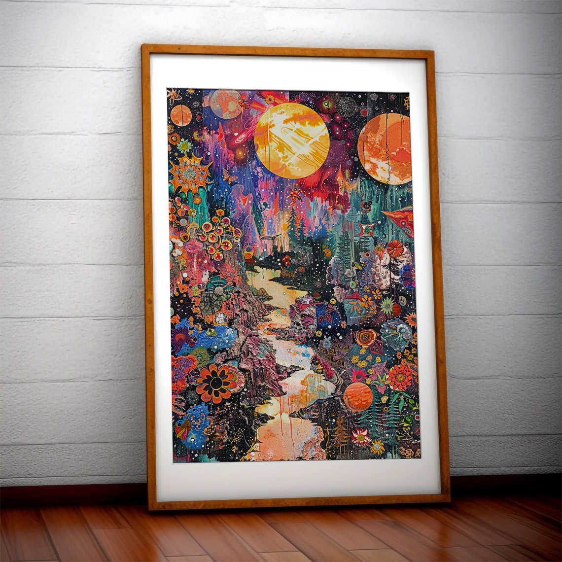 Celestial Maximalist Art of Moon Over a Cosmic Garden Poster - Image 2