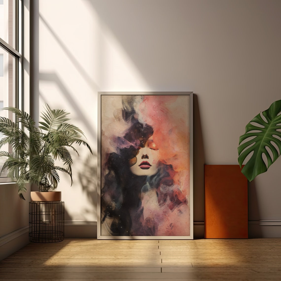 Ethereal Woman Face in Smoky Watercolor Abstract Portrait Art Print