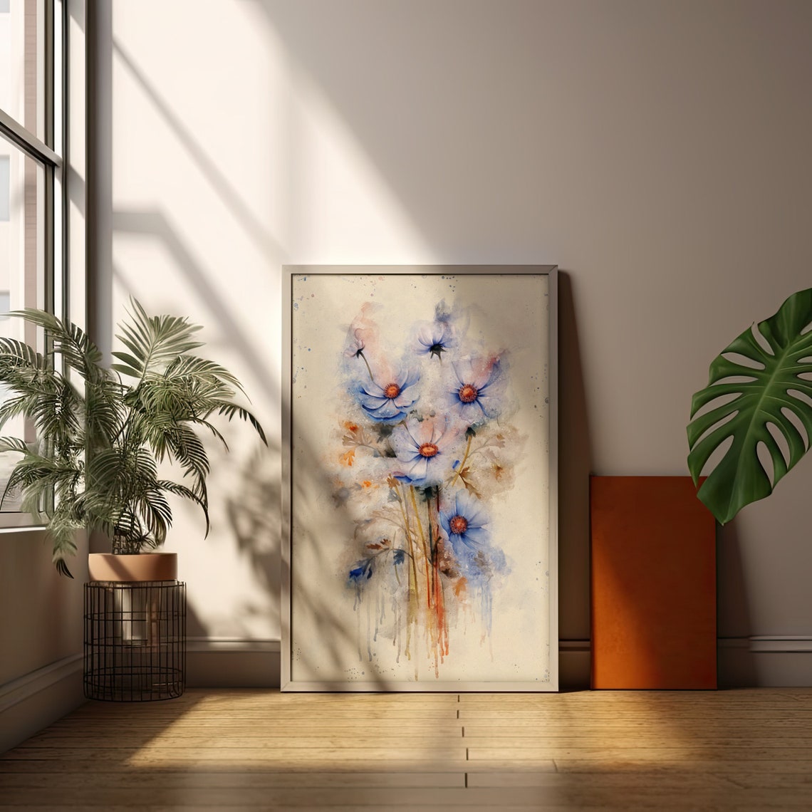 Delicate Blue Cosmos Watercolor Poster with Paint Drips on Cream Paper - Image 2