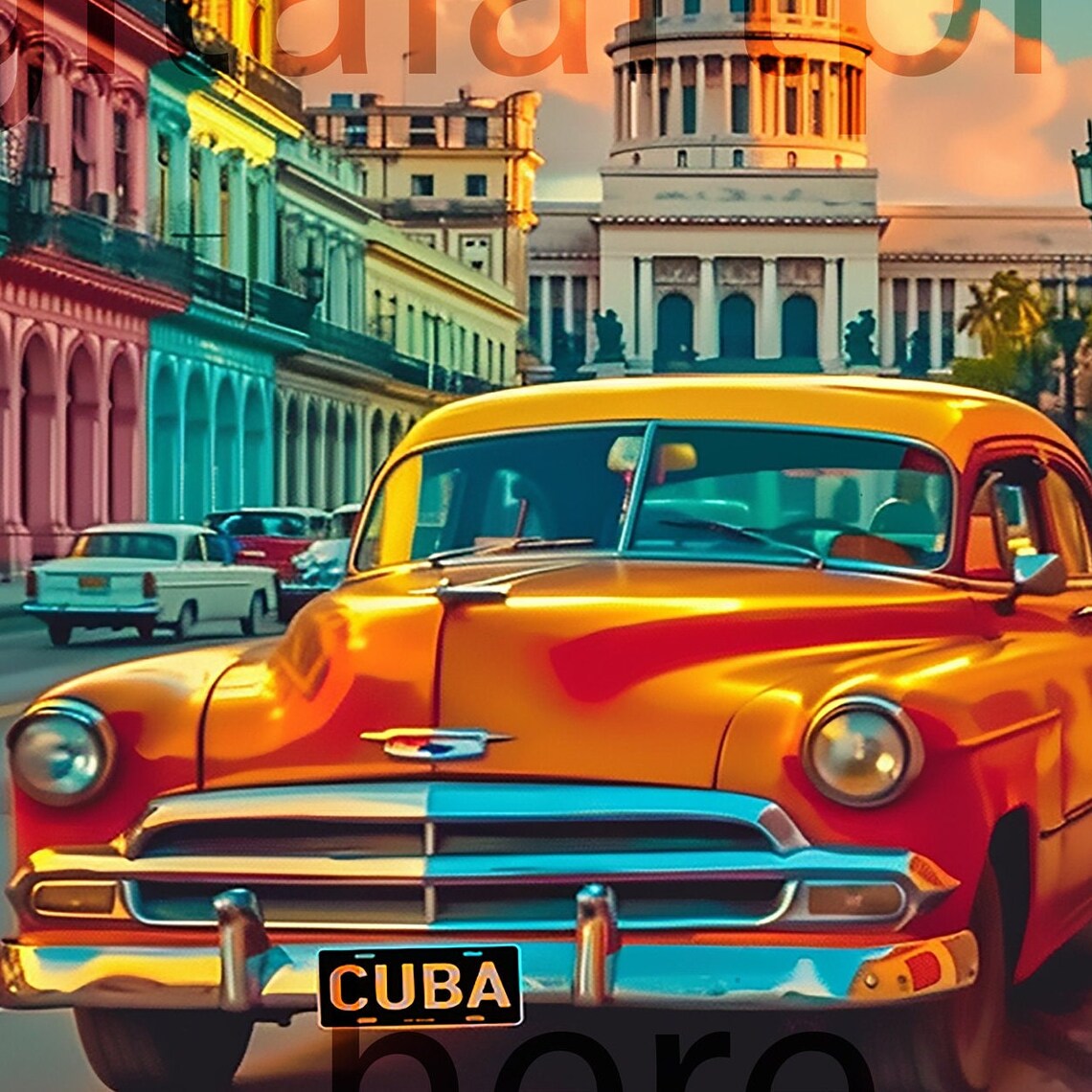 Viva La Habana Cuba Classic Car Capitol Sunset Travel Poster - Image 3