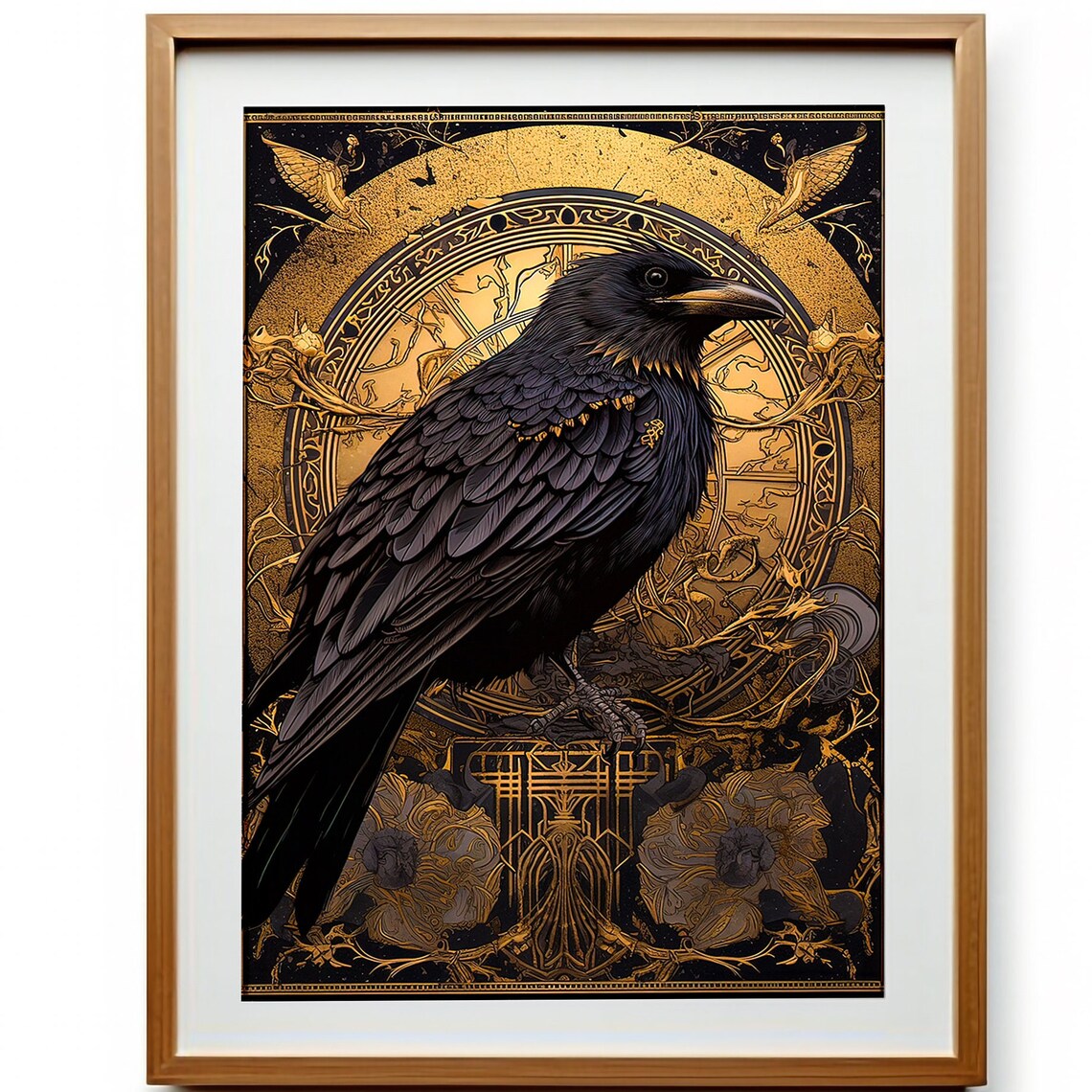 Majestic Black Raven Perched Before a Golden Art Nouveau Sun Wheel Poster - Image 3