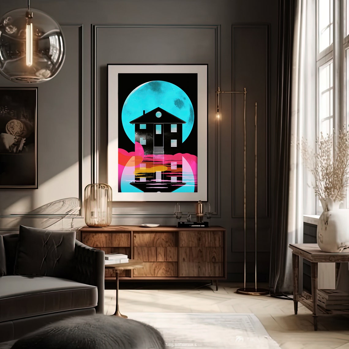 Colorful Abstract House Silhouette Teal Moon Modern Wall Art - Image 2