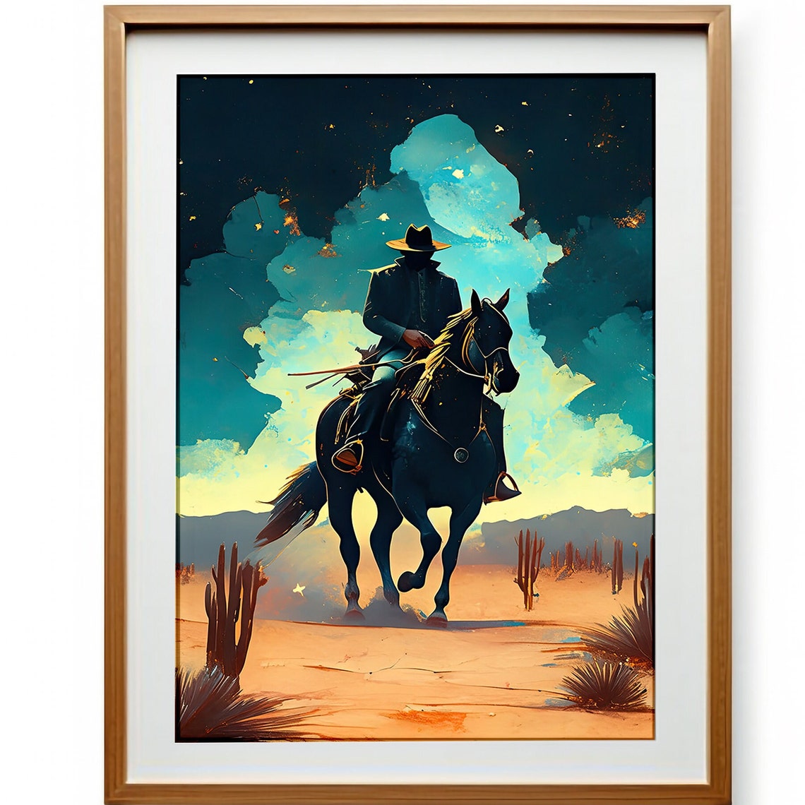 Cowboy Silhouette on Black Horse Under a Teal Desert Night Sky Poster - Image 3