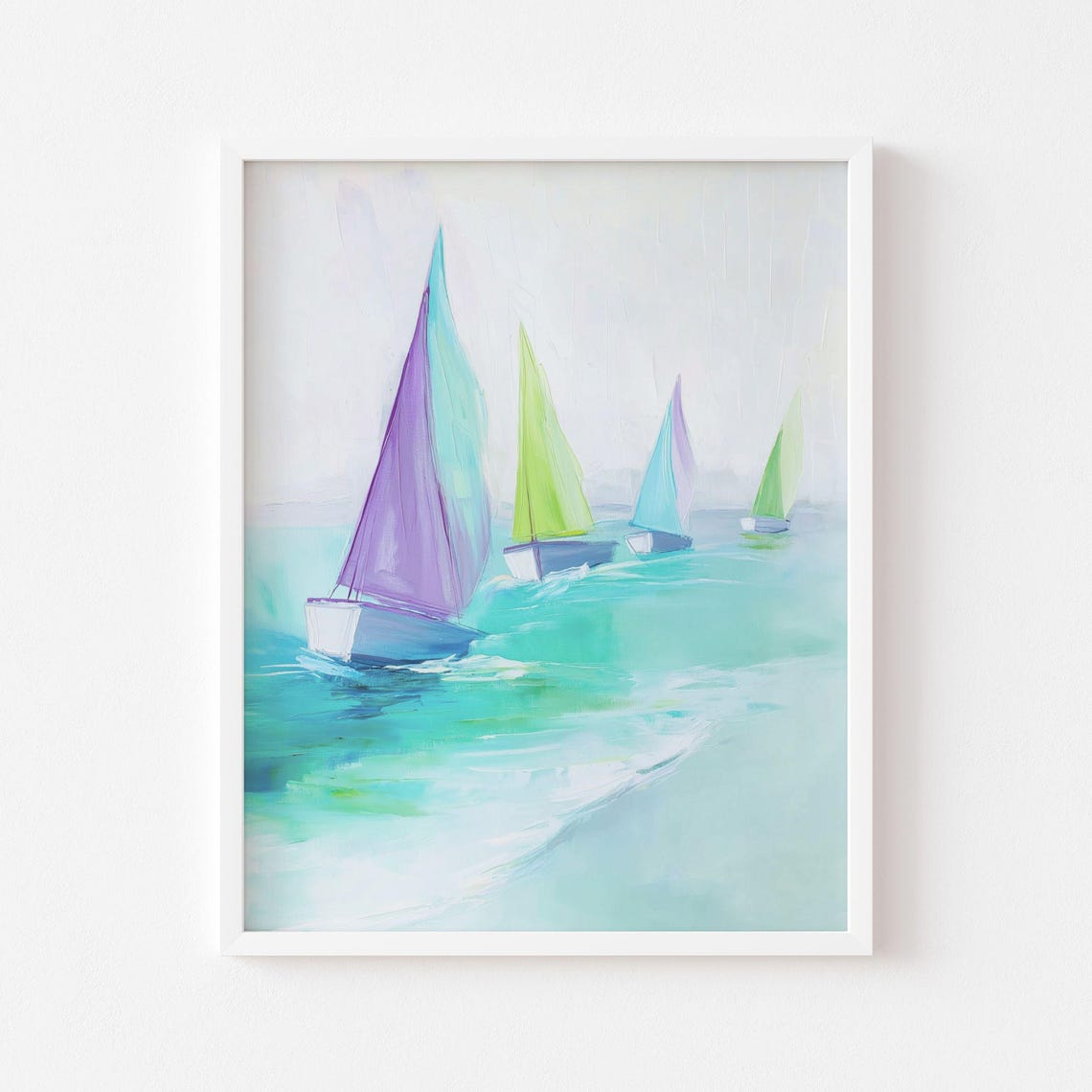 Pastel Sailboats Racing Across Turquoise Sea Coastal Sailing Poster