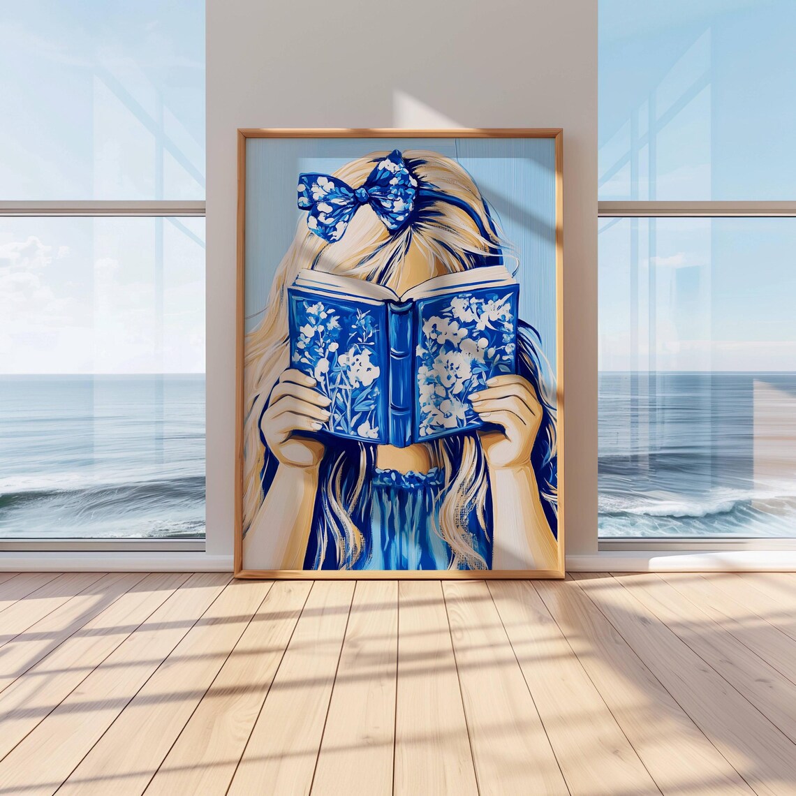 Girl Reading a Book Hidden Behind Its Cover Blue Floral Style Poster - Image 3