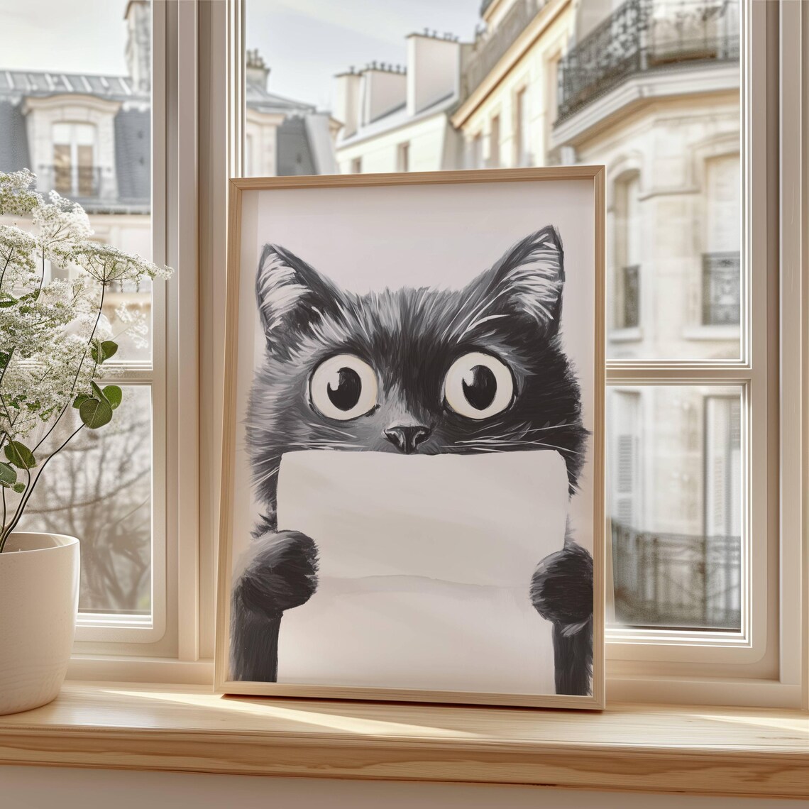 Funny Wide Eyed Black Cat Holding Toilet Paper Bathroom Poster - Image 3