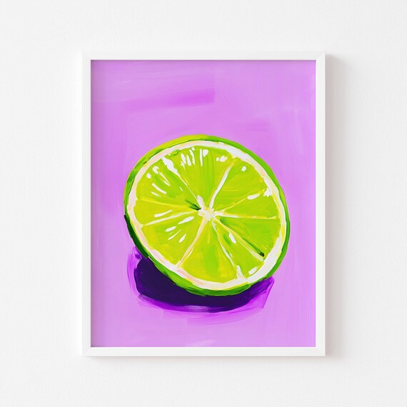Pop Art Lime Poster Colorful Fruit Illustration On A Purple Background Modern Pastel Kitchen Decor Vitamin Packed Wall Art