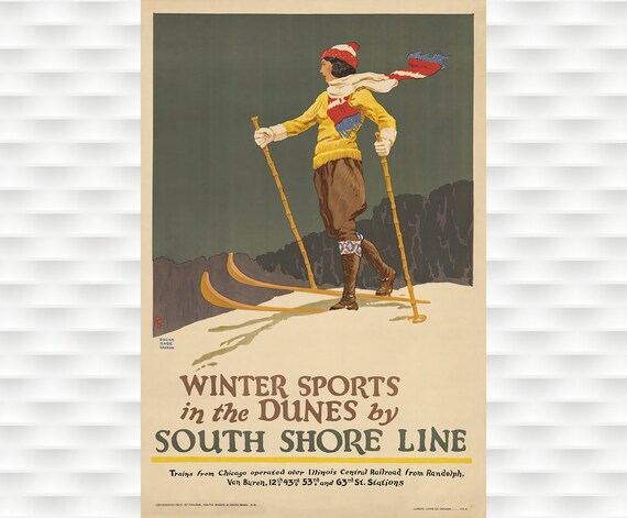 Winter Sports in the Dunes South Shore Line Vintage 1925 Ski Poster