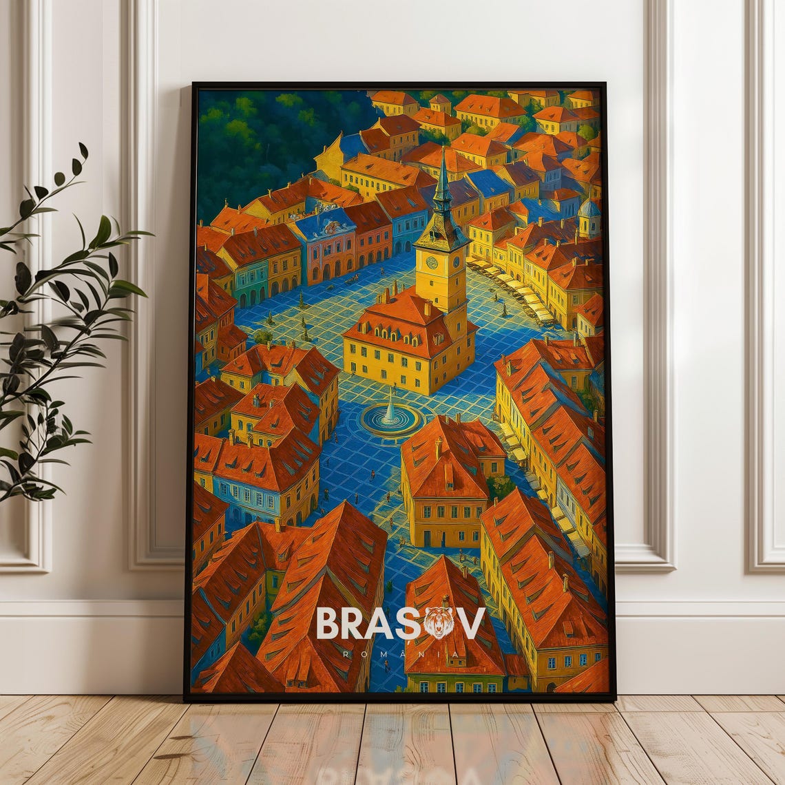 Brasov Romania Old Town Square Council Tower Aerial View Travel Poster