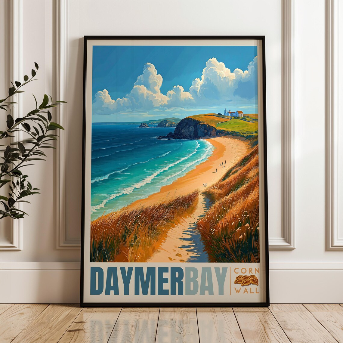 Daymer Bay Cornwall Seaside Cliffs Vintage Blue Banner Travel Poster