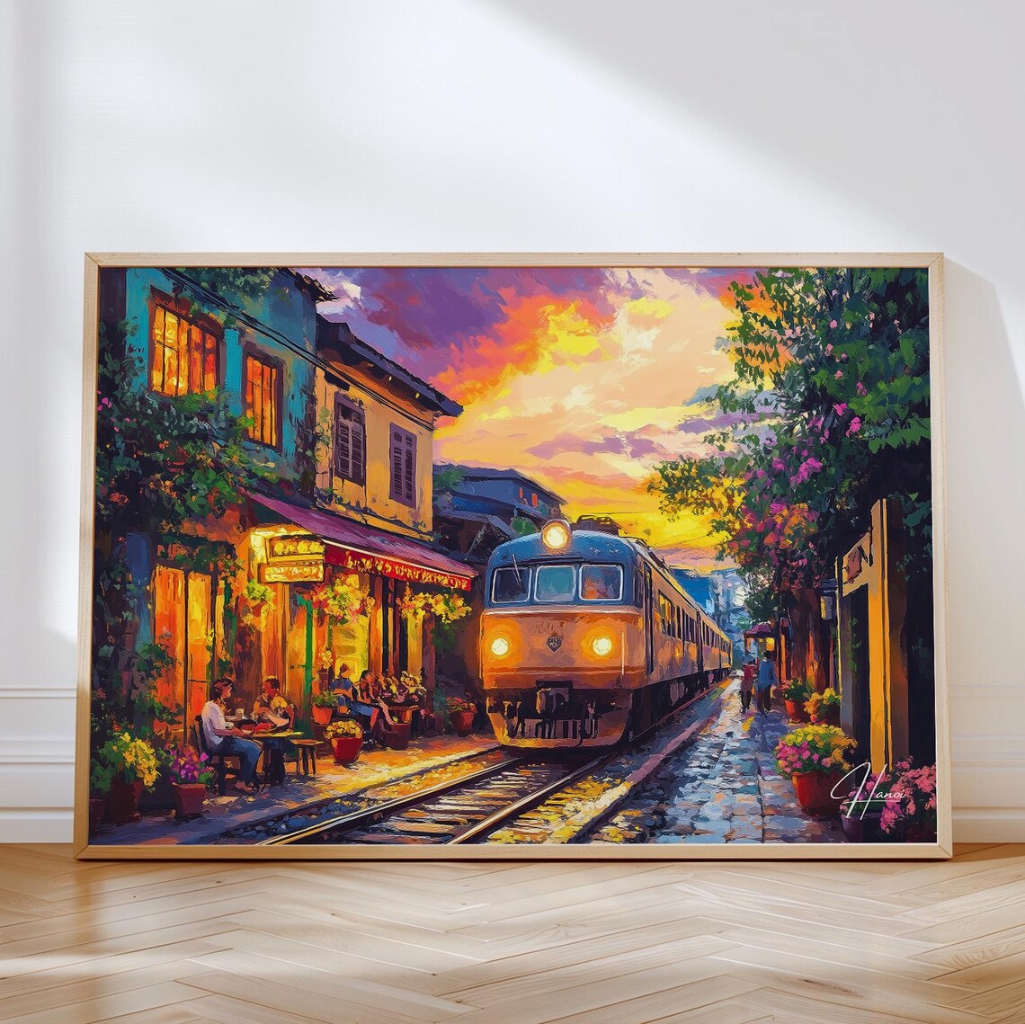 Hanoi Train Street Sunset Over Cafes Vietnam City Travel Poster