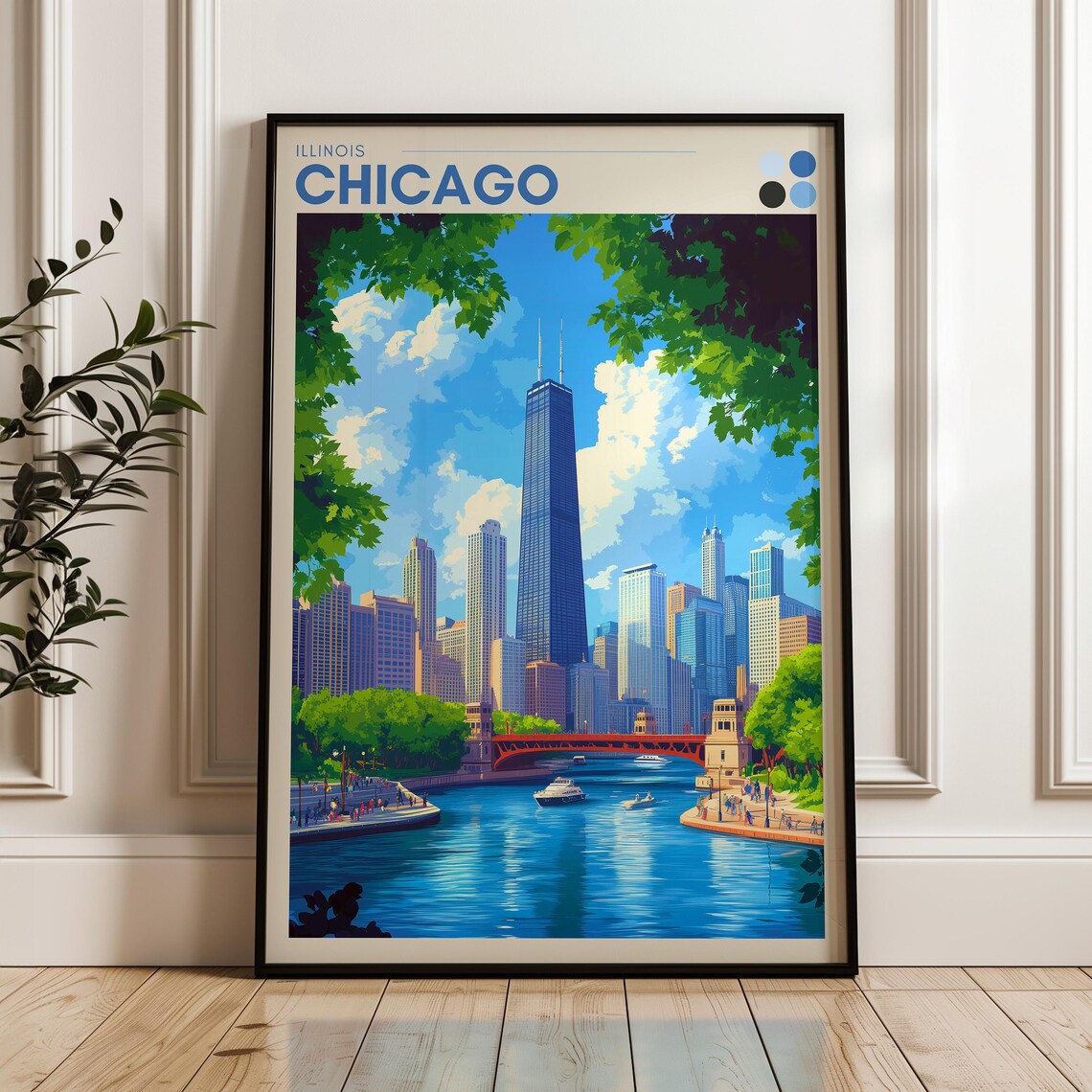 Chicago Illinois River Skyline Hancock Tower Green Trees Travel Poster