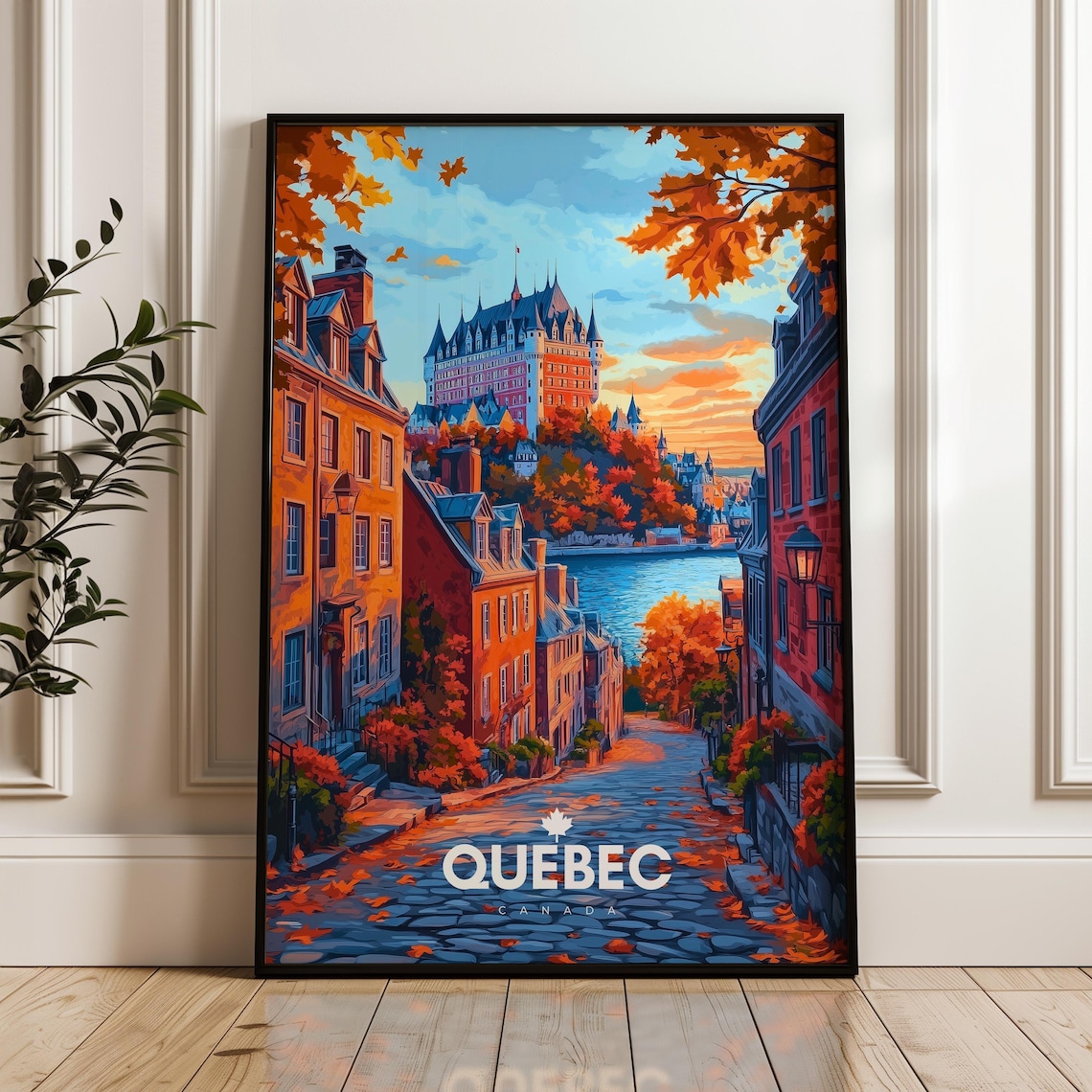 Quebec Canada Autumn Cobblestone Old Town Street Vintage Travel Poster
