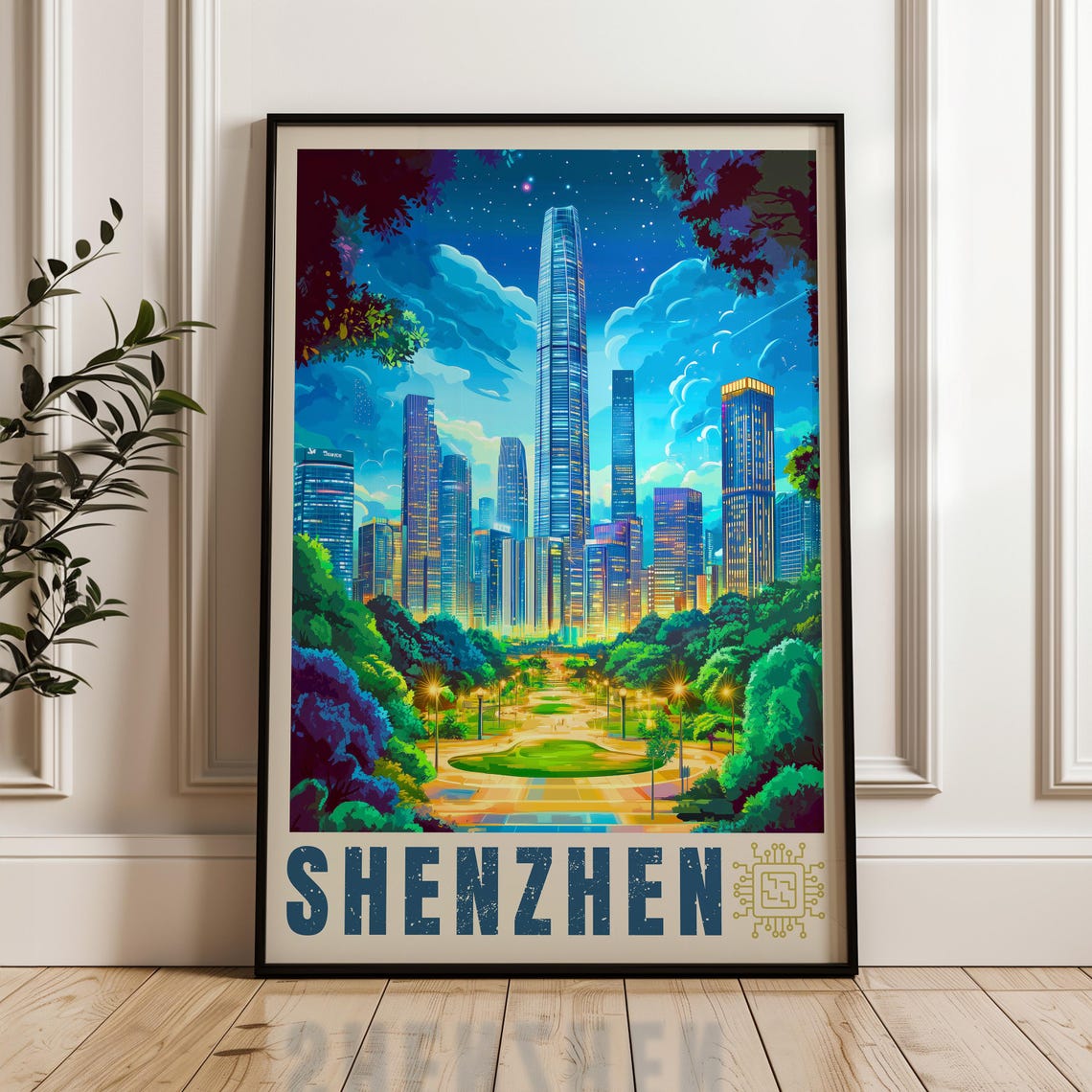 Shenzhen Night Skyline Futuristic City Towers Illustration Poster