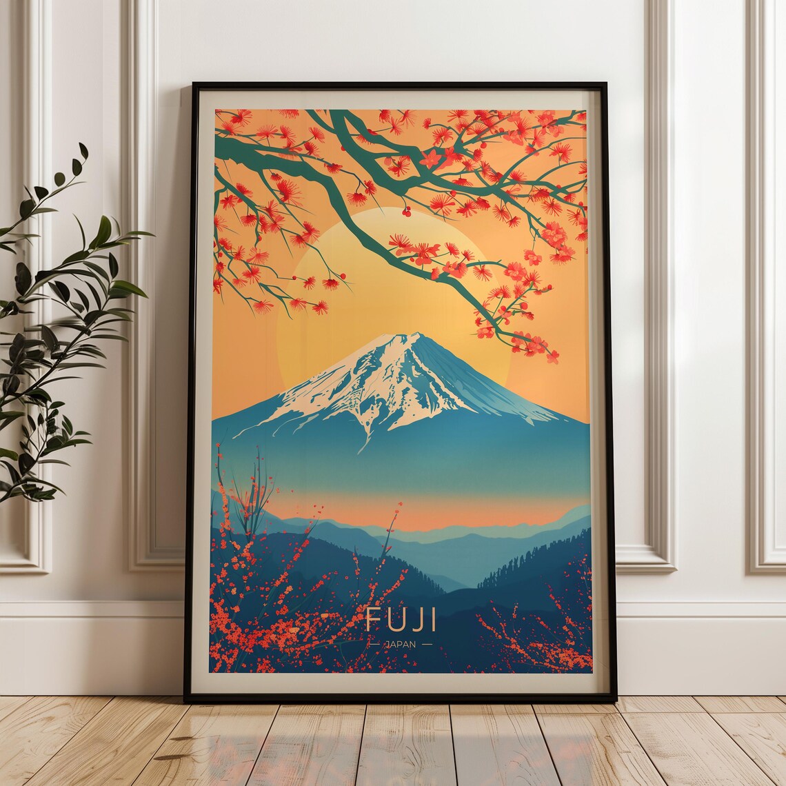 Fuji Japan Travel Poster, Cherry Blossom Print